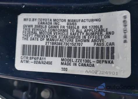 2003 Toyota Corolla Le from USA, damaged, VIN 2T1BR38E73C152707